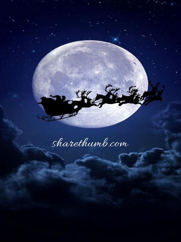 Santa with their car flying in the air around moon